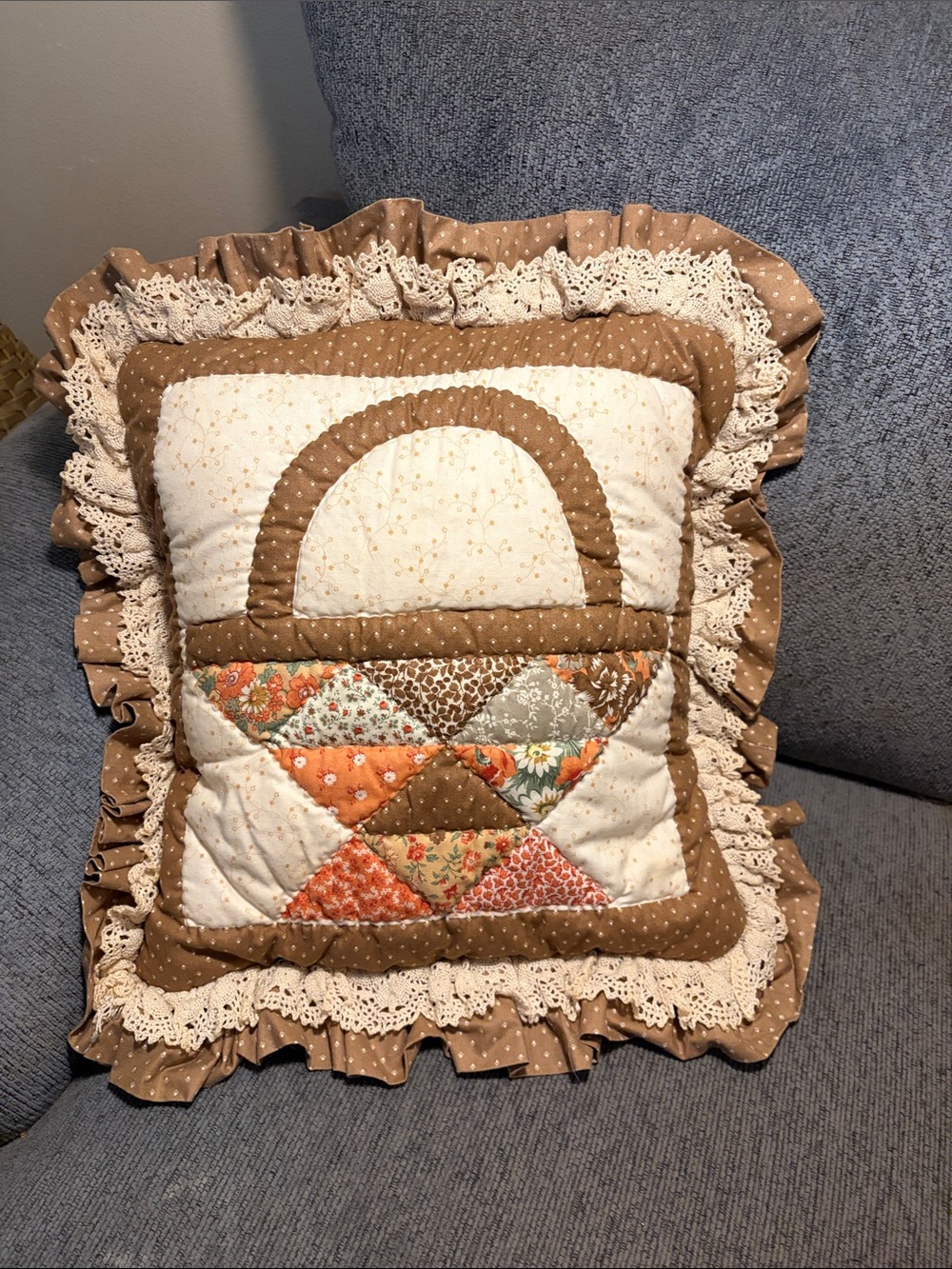 Vintage brown and neutrals basket motif pillow cover, the polka dot back yes!!!